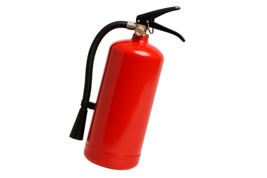 Red fire extinguisher lying diagonally with hose isolated on black background, portable safety device
