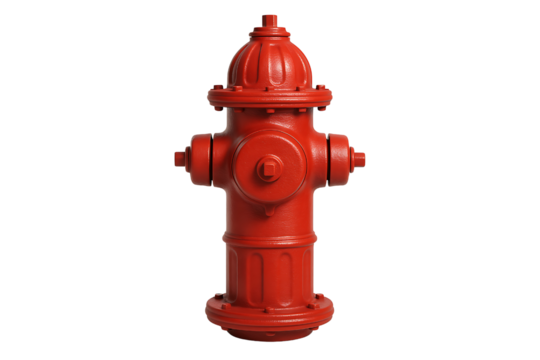 Red fire hydrant standing upright isolated on black background, vertical firefighting street equipment