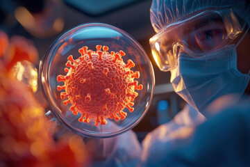 Scientist examining a coronavirus sample in a laboratory setting. A medical professional studies a virus sample, highlighting the importance of research and healthcare.