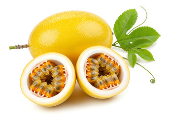 Bright Yellow Passion Fruit, Whole and Halved, Displaying Juicy Pulp and Seeds with Green Leaves