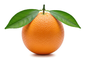 Flawless Ripe Orange with Symmetrical Green Leaves and Stem Isolated on White Background