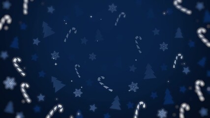 Candy canes, trees, snowflakes, and stars scattered across glowing blue background. Loop animation of holiday icons. Festive frame.