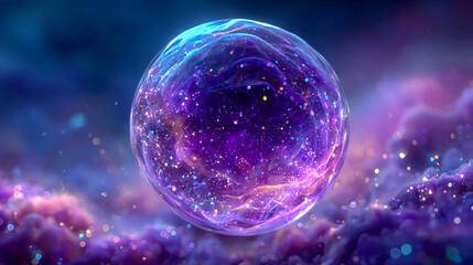 Naklejka premium A transparent, glowing spherical ball with shimmering star particles inside, floating in a cosmic purple-blue hazy space.