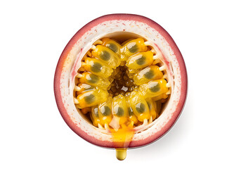 Exotic Passion Fruit Interior with Glistening Pulp and a Dripping Golden Drop