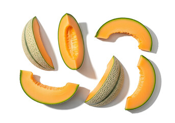 Fresh Cantaloupe Slices in a Graphic, Sunlit Composition on a Clean White Background.