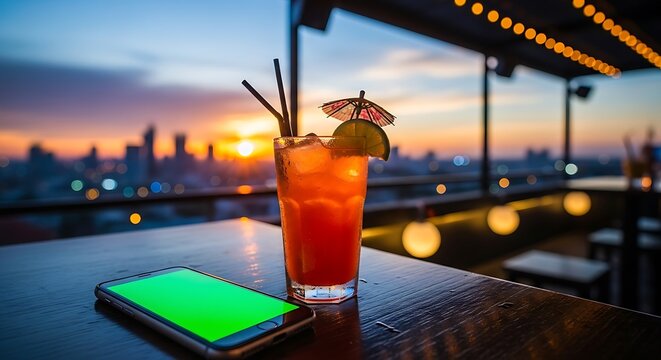 Evening relaxation on a rooftop bar with a refreshing cocktail and smartphone, overlooking a city skyline at dusk