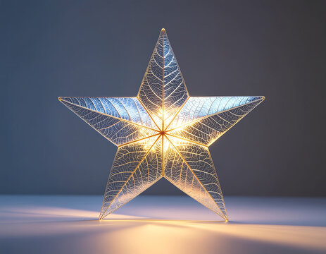 Glowing star shaped decoration made from translucent leaf resin sheets with intricate vein patterns, softly illuminated