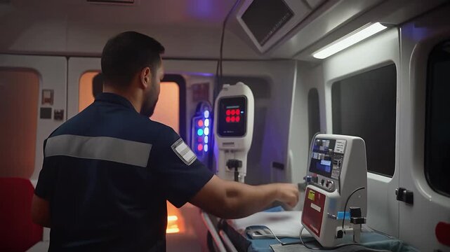 Cinematic Paramedic Adjusting Vital Sign Monitor Inside Moving Ambulance