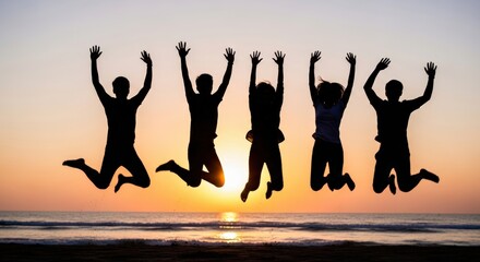 Obraz premium Youthful friends enjoy a blissful beach sunset, jumping with arms raised, embodying joy, success, and vibrant summer adventure