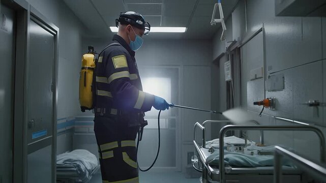 Cinematic Essential Worker Spraying Disinfectant In Empty Hospital Room.