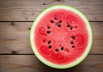 Juicy Watermelon Slice on Rustic Wood: Summer Refreshment, Top View.