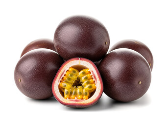 Passion Fruit Still Life: Vibrant Cut Fruit with Whole Fruits, White Background.