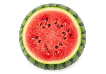 Symmetrical Top View of a Freshly Cut Watermelon Half with Vibrant Red Flesh and Seeds