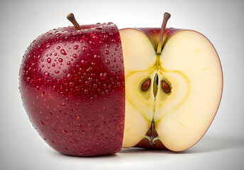 Sliced Red Apple with Water Droplets, Revealing Seeds and Interior, Studio Shot.