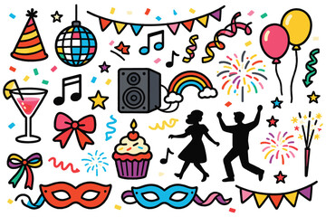 Vibrant Party Celebration and Nightlife Doodle Element Set