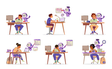 Artificial intelligence in school education flat vector illustrations set isolated on white. Ai robot helping children with homework concept.
