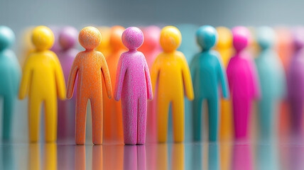 Colorful figurines of different shapes and sizes placed in front of a blurred office background