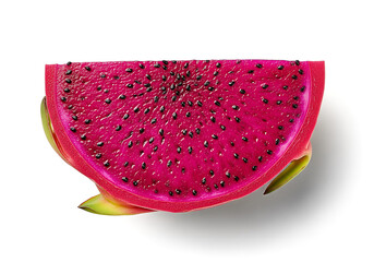 Vibrant Dragon Fruit Slice: Intense Pink, Black Seeds, Isolated on White.