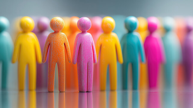 Colorful figurines of different shapes and sizes placed in front of a blurred office background