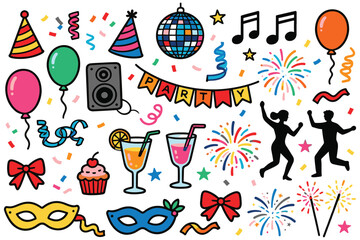 Vibrant Party Celebration and Nightlife Doodle Element Set