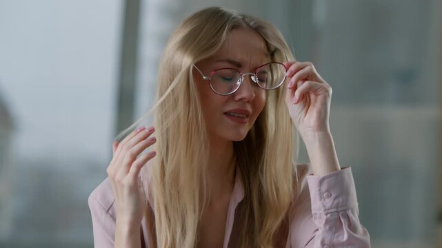 Portrait frustrated stressed crying Caucasian business woman cry suffering blowing nose sniffing suffer businesswoman upset female girl employer problem work problem disappointed feeling bad in office