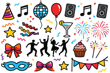 Vibrant Party Celebration and Nightlife Doodle Element Set
