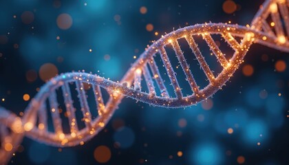 Illustration of DNA double helix structure with glowing particles. Image shows detailed molecular biology model of human genome genetics. It is perfect for scientific research medical publications