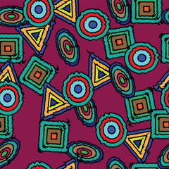 Bold abstract pattern with layered circles, triangles, and jagged squares in vibrant colors on maroon background. Ideal for tech, editorial, or modern design use.