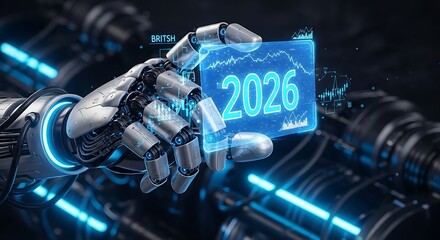 Robotic hand displaying the year 2026 on a futuristic interface, representing technological advancement and future planning