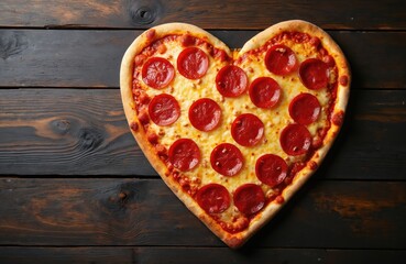 Heart-shaped pepperoni pizza on rustic wooden table. Warm tones highlight delicious toppings, inviting form. Perfect for food blogs, Valentines Day promotions culinary content. Tasty treat ready to