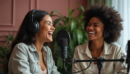 Two women wearing headphones laugh together. In recording studio with microphone between. Setting suggests podcast radio show recording session. Both women smiling, engaged in conversation.