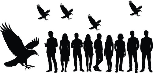 Human and bird silhouette scene, dramatic contrast, group standing, flying crows, fashion concept, vector art, black composition