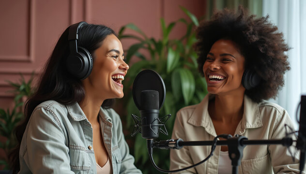 Two women wearing headphones laugh together. In recording studio with microphone between. Setting suggests podcast radio show recording session. Both women smiling, engaged in conversation.