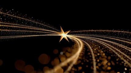 Abstract golden star on a dynamic flowing path with shimmering light trails against a dark background - Powered by Adobe