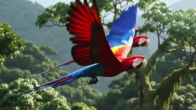 In the image, two colorful macaws are flying over a dense rainforest. Parrots have red heads and wings, as well as blue undersides of wings and tails. They are in flight, their wings spread wide. The 