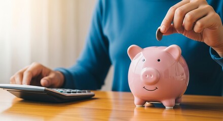 Person saving money by putting coin into a piggy bank with calculator on a wooden table