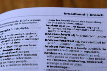 Obraz premium English Dictionary Page Close Up With The Word Meaning Of -broken-down