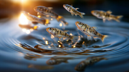 Fish jumping at lake surface creating ripples, golden hour reflection, tranquil minimal composition, with copy space