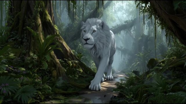 A majestic white lion strides along a jungle path, approaching the camera with powerful presence as it unleashes a roar; ideal for wildlife art, nature projects, and dramatic visual storytelling.