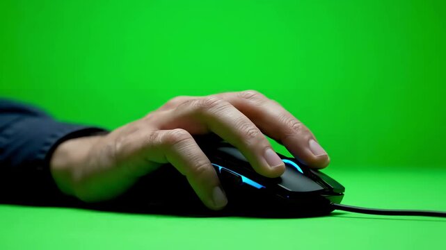 Green Screen office guy using chromakey computer closeup worker hand holding mouse device scene 2 with distortion, overlay, glitch, static noise, scan lines on black background, 4k animated video loop