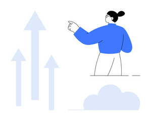 Woman pointing ahead with upward arrows and cloud motif representing vision, growth, innovation, and future opportunities. Ideal for leadership, career, ambition, goal setting, strategy teamwork