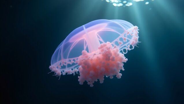 A mesmerizing jellyfish floating gracefully in the depths of the ocean. It's bioluminescent glow illuminating the dark water