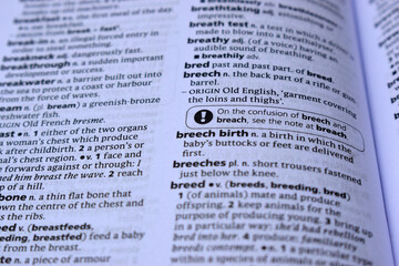 English Dictionary Page Close Up With The Word Meaning Of -breech birth