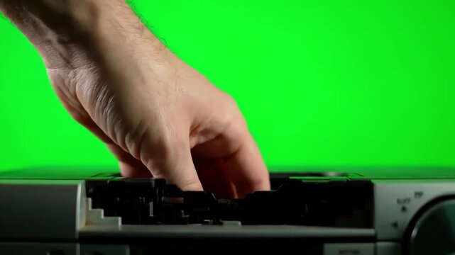 Green Screen male hand inserting a vhs into vcr and an old tv you can replace with the footage or picture want do it lkeyingr effect in after effects scene 3 distortion, overlay, glitch, static noise