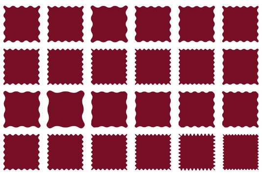 Red silhouette scalloped frames.  Zigzag edge frame square shape various with scallop edge. Geometric shapes stickers with zigzag wavy edge. 