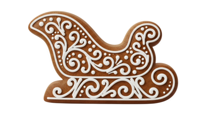 Gingerbread sleigh cookie with white icing decoration isolated on transparent background
