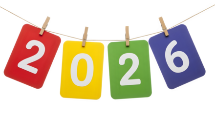 2026 year numbers on colorful tags isolated on transparent background