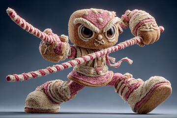 Gingerbread man with oversized eyes holding a candy cane