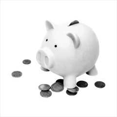 Halftone illustration of a piggy bank with scattered coins. Minimal monochrome financial concept for savings, investment, budget planning, and economic design projects.