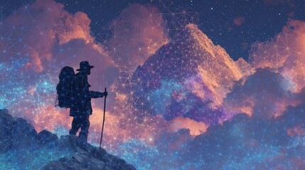 A stylized silhouette of a traveler in front of a world map